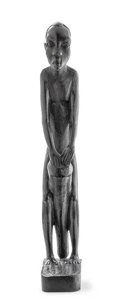 Wooden African Statue Skinny Man Working Playing Percussion Isolated White — Zdjęcie stockowe