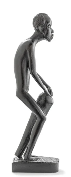 Wooden African Statue Skinny Man Working Playing Percussion Isolated White — ストック写真