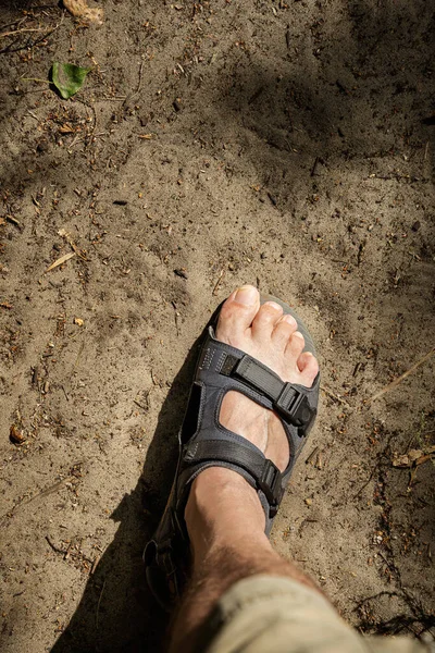 Top View Man Foot Wearing Sandal While Walking Sandy Road — Stock Photo, Image