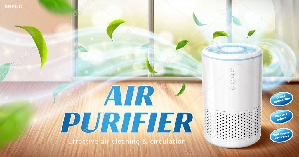 3d home air purifier ad. Fresh air flows out of air cleaner appliance in living room space