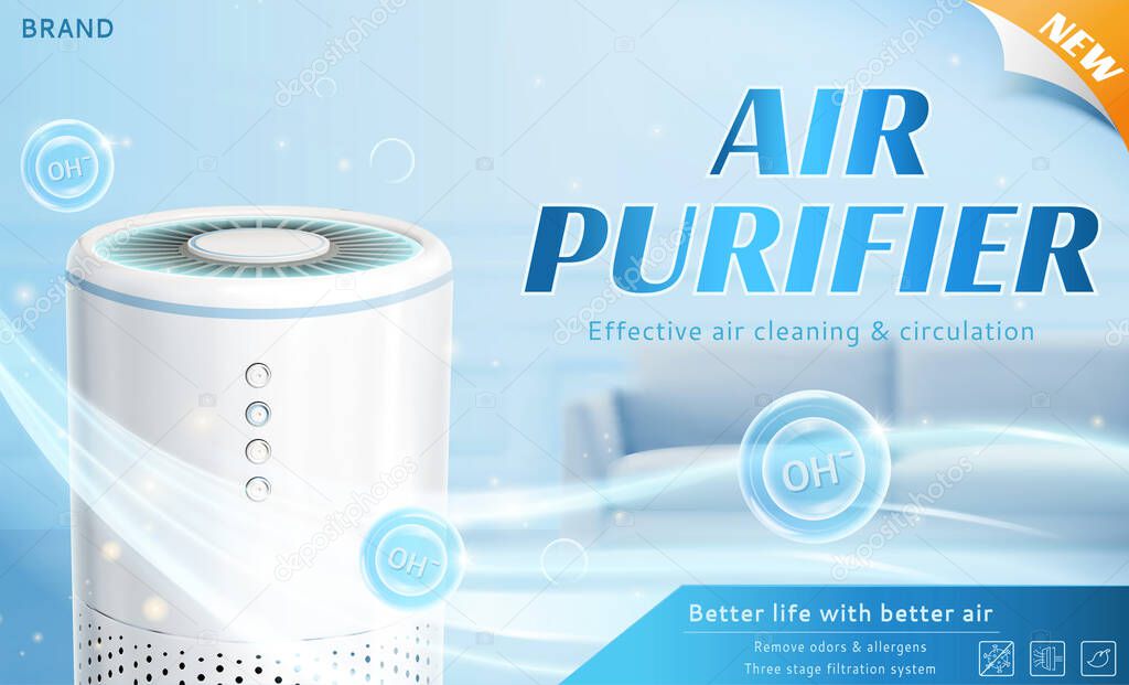 3d home air purifier ad. Fresh air flows out of air purifier machine in living room
