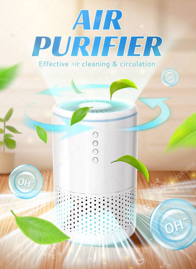 3d home air purifier ad. Fresh air with leaves flowing out of 3d air purifier machine in indoor space