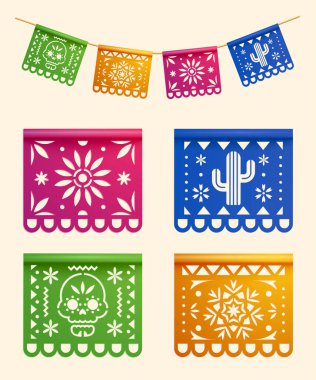 3d Ölülerin Çokrenkli Günü temalı papel picado çelengi Dia de Los Muertos bayram kutlamaları için Meksika sembolleri