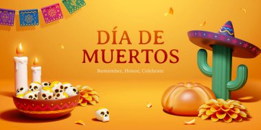 Ölü tebrik kartının olduğu gün. Dia de Muertos kartının üç boyutlu bir resmi. Kafatasları bir kasede, yanan mumlar, çiçekler, yemek ve sarı arka planda sombrero şapkalı kaktüsler.