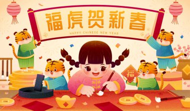 2022 CNY tebrik kartı. Kaligrafi yazan bir kız. Yanında sevimli kaplanlar da var. Çince yazılmış kaplan yılına hoş geldiniz. İki küçük kaplan tarafından tutulan bir kağıt parşömene yazılmış.