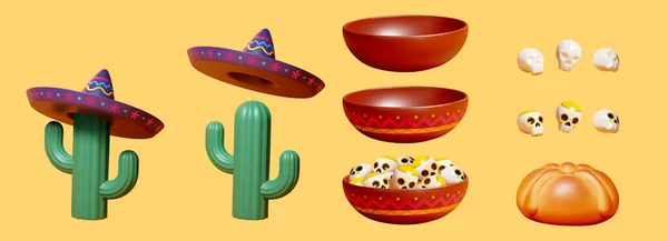 Day Dead Elements Set Including Mexican Bowl Sugar Skulls Cacti — стоковий вектор