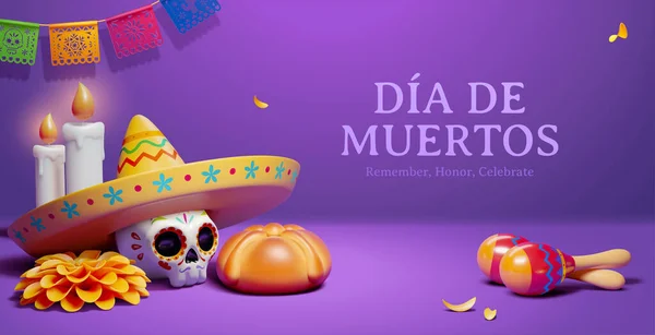 死旗日 Dia Muertos卡上的3D插图 卡上印有糖头 燃烧着蜡烛 摇杆和紫色背景的旗帜 — 图库矢量图片