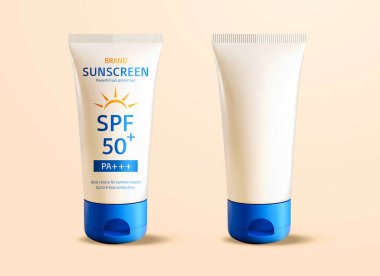 3D güneş kremi tüplü mokcup. Yaz markalaşması ya da reklam için güneş kremi ambalajı tasarımı