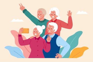 Yaşlı grup turunda selfie çekiyor. Partnerler için kendi portresini çekmek için akıllı telefon kullanan yaşlı bir kadının düz çizimi