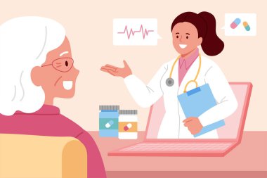 Teletıp desteği olan yaşlı. Yaşlı bir kadına internet üzerinden uyuşturucu kullanımı ve sağlık kontrolü hakkında danışan kadın doktorların düz çizimi