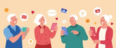 Telefon kullanan teknoloji düşkünü yaşlılar. Yaşlıların mesaj göndermekten, fotoğraf çekmekten ve akıllı telefonlardan e-posta almaktan hoşlandıklarının düz çizimi