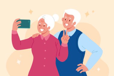 Yaşlı, eşiyle selfie çekiyor. Yaşlı bir kadının kendi portresini çekmek için akıllı telefon kullanmasının düz bir çizimi.