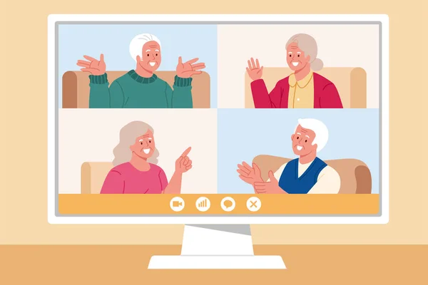 Elders Chatting Video Call Flat Illustration Old People Having Online — Stock Vector