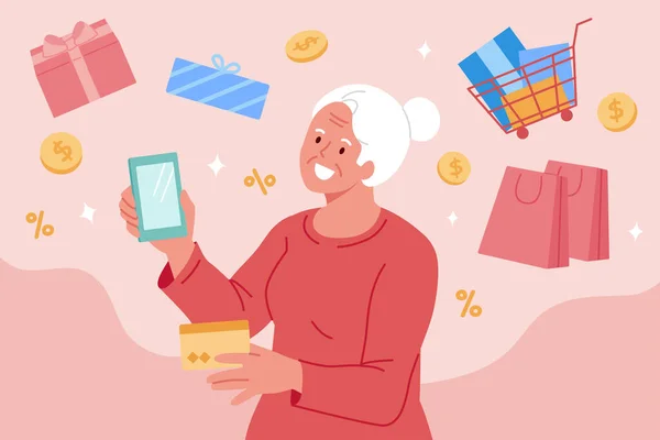 Ancião Comprando Muitos Bens Online Ilustração Plana Mulher Idosa Gastando —  Vetores de Stock