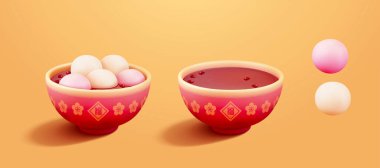 3 boyutlu fasulye çorbası elementleri. Japonya 'da Oshiruko ya da Zenzai olarak da bilinen 3 boyutlu tatlı azuki çorbası ve Çince' de Hongdou Tangyuan.