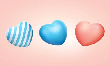 3 boyutlu kalp şeklinde balonlar. Pembe arka planda üç mavi ve pembe kalp şeklinde balon.