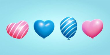 3 boyutlu kalp şeklinde balonlar. Dört mavi ve pembe kalp şeklindeki balonlar, mavi arka planda düz ve çizgili olanlar da dahil olmak üzere.