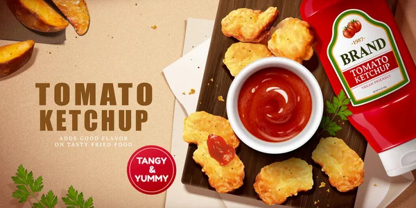 Werbebanner Mit Tomatenketchup Draufsicht Illustration Von Leckeren Chicken Nuggets Und — Stockvektor