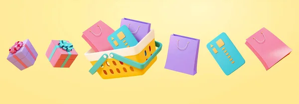 Conjunto Elementos Compras Ilustración Tarjetas Crédito Flotantes Bolsas Compras Regalos — Vector de stock