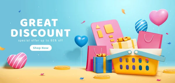 3D mavi indirimli poster. Yükselen kalp şeklindeki balonların mavi arka planına yerleştirilmiş alışveriş çantası ve hediye kutusuyla dolu plastik bir alışveriş sepeti tasviri