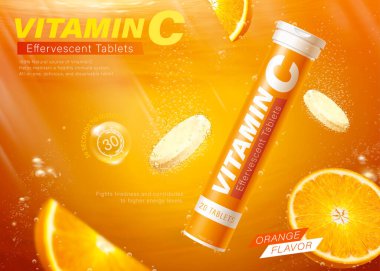 Vitamin C tablet ad. 3D Illustration of orange flavor effervescent tablets dissolving in the fizzy and bubbling water on orange background clipart