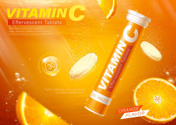 Vitamin C tablet ad. 3D Illustration of orange flavor effervescent tablets dissolving in the fizzy and bubbling water on orange background