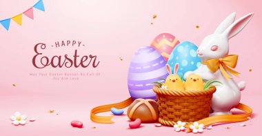 Paskalya bayrağınız kutlu olsun. 3 boyutlu Paskalya tavşanı tasviri, güzel boyalı yumurtalar ve pembe arka planda sepet içinde civcivler. Paskalya yumurtası avı kavramı