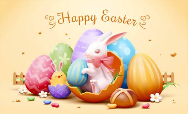 Mutlu Paskalya tebrik kartları. 3D Paskalya Tavşanı 'nın çatlak yumurta kabuğunda oturuşu ve sarı arka planda renkli Paskalya yumurtalarıyla çevrili küçük bir yumurtadan doğan bir civciv.