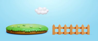 Üç boyutlu çayırlar, ahşap çitler ve mavi arka planda izole edilmiş beyaz bulut.