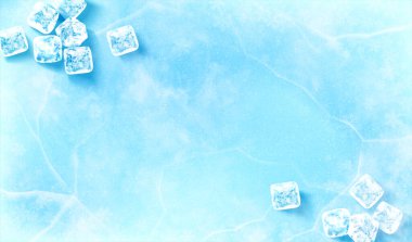Icy surface background. 3D Illustration of groups of ice cubes scattered on upper left and bottom right of light blue surface covered in ice clipart