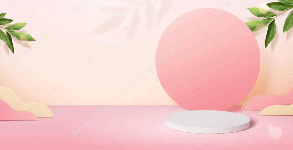 Pink and yellow stage background. Composition of 3D Rendering white stage decorated with a paper circle, clouds, and leaves on pink surface