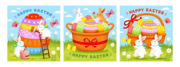 Easter Templates Cute Rabbits Decorating Eggs Putting Them Baskets Holiday — Stock Vector