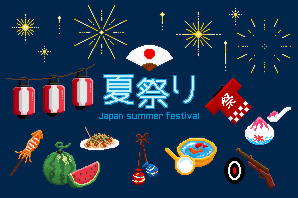 Japan Summer Festival banner. Pixel illustration of summer festival elements including foods and games with fireworks on above. Translation: Summer festival