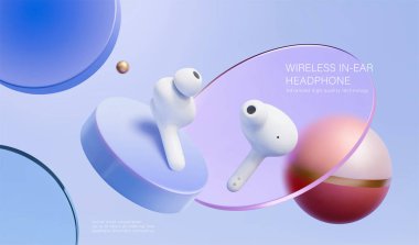 Kulaklık reklamında kablosuz. Açık mor arkaplanda yüzen disklerin önünde gösterilen 3D kulaklık tasviri
