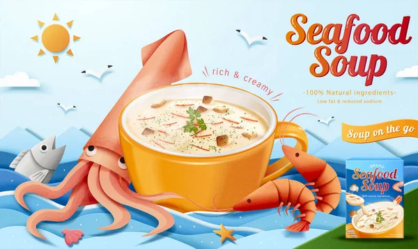 Anuncio Instantáneo Sopa Mariscos Cremosos Ilustración Las Vidas Marinas Que — Archivo Imágenes Vectoriales