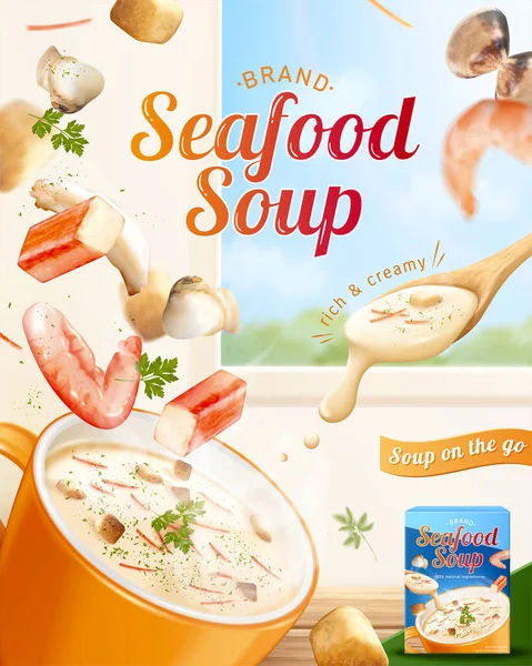 Anuncio Instantáneo Sopa Mariscos Cremosos Ilustración Ingredientes Mariscos Que Caen — Archivo Imágenes Vectoriales