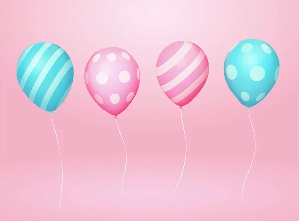 Gemusterte Luftballons Mit Schnüren Illustration Von Zwei Ballonpaaren Rosa Und — Stockvektor