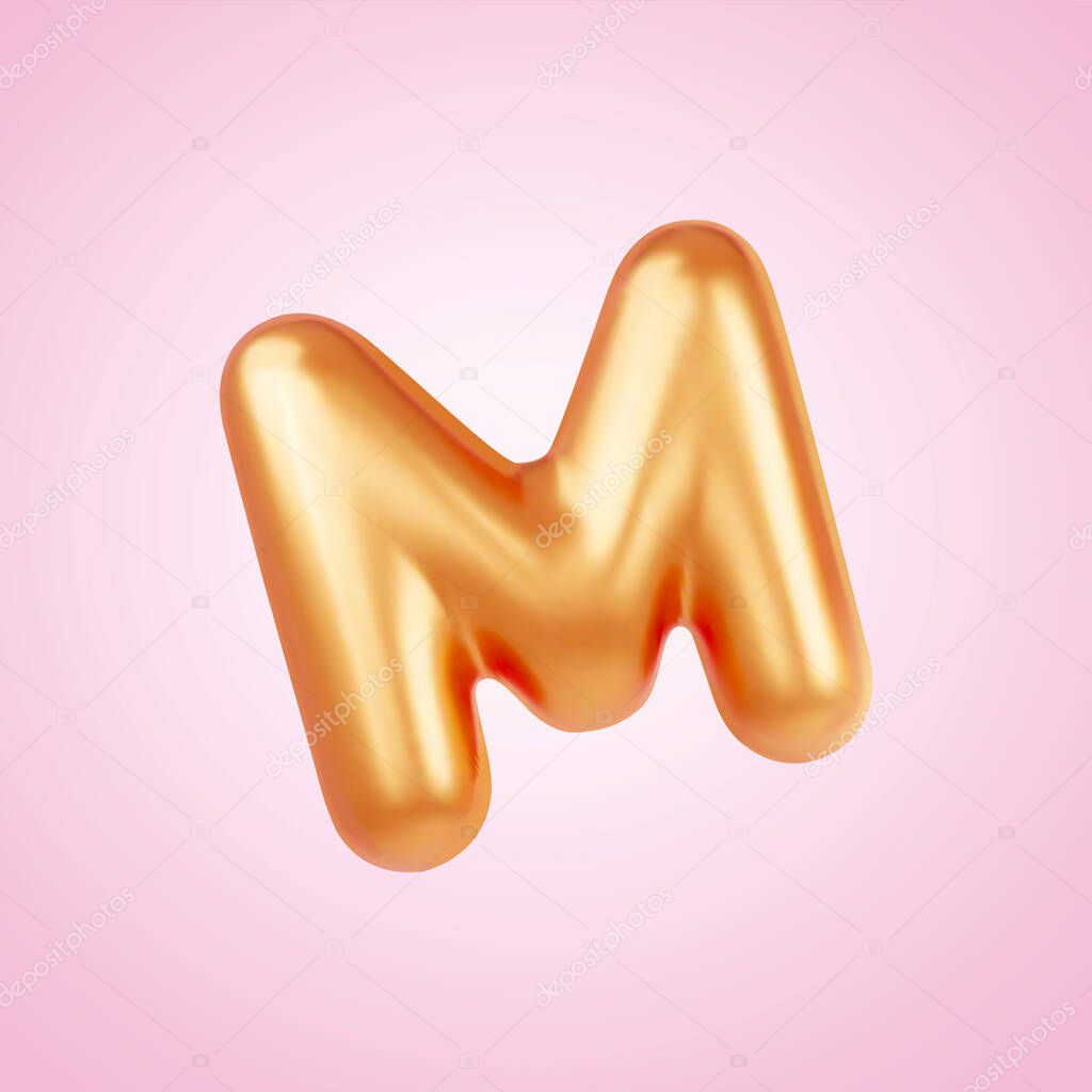 3D Illustration of a gold color balloon in the shape of uppercase M