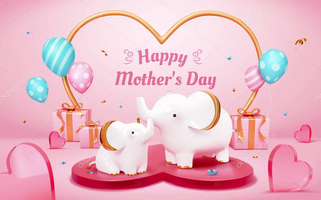 Pink Mother's Day card with mammals. 3D Illustration of elephant figurines standing on heart shaped podium with decorations, balloons, and gift boxes on pink background