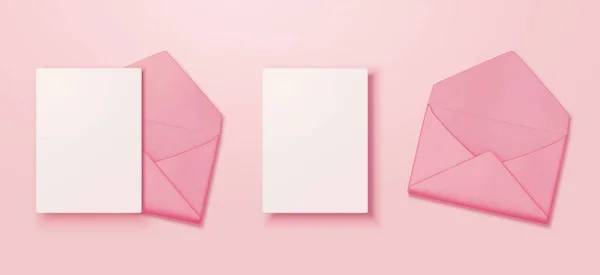 ピンクの封筒と白い手紙 3D空白の文字紙のイラストとピンクの背景に孤立したピンクの封筒を平置きに開きました 母の日とバレンタインデーに適した要素 — ストックベクタ