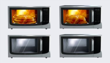 Microwave oven set. 3D Illustration of turkey cooking inside microwave ovens that are heating and empty ovens isolated light gray background