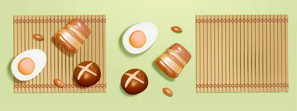 Cartoon Food Ingredients Sticky Rice Dumpling Placed Traditional Bamboo Mat — Stockový vektor