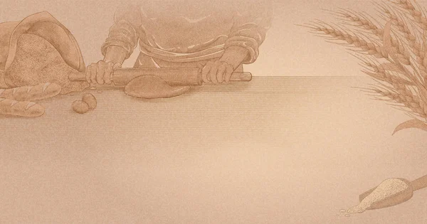 Вигравірувана Ілюстрація Пекаря Викидає Тісто Прокатним Штифтом Робочому Столі Один — стоковий вектор