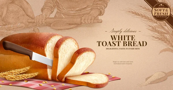 Ogłoszenie Białym Toście Ilustracja Realistycznego Bochenka Białego Chleba Pokrojonego Nożem — Wektor stockowy