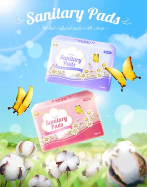 Sanitary pads ad. 3D Illustration of two sanitary pad packages floating over a cotton field on a sunny day with yellow butterflies flying through. Concept of soft textured pads with wings clipart