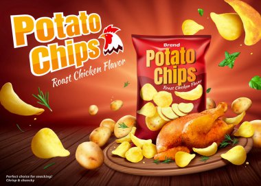Kızarmış tavuk ve patates cipsi reklamı. Havada patatesle uçan lezzetli cipslerin ve kırmızı arka planda ahşap bir tabakta bütün tavuğun kızartılmasının 3 boyutlu bir tasviri.
