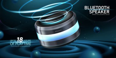 Mobil hoparlör reklamı. 3D kablosuz hoparlör ses dalgaları yaratırken hoparlörde yüzey gibi müzik çalıyor. Ev akıllı ses etkinleştirilmiş yardımcısına benzer kavram