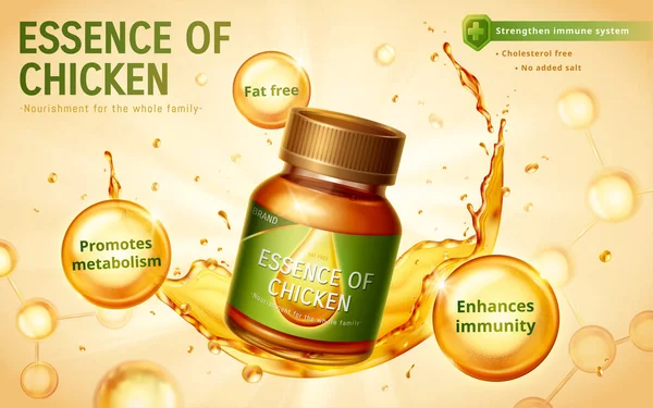 Essence Chicken Διαφημιστικό Banner Απεικόνιση Της Ουσίας Του Μπουκαλιού Κοτόπουλου — Διανυσματικό Αρχείο