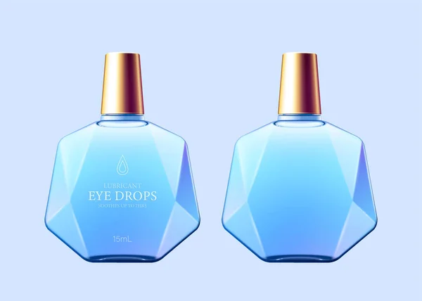 Mockup Eye Drop Tappi Oro Bottiglie Geometriche Blu Prodotti Cura — Vettoriale Stock