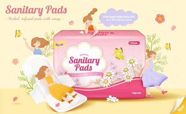 Almohadillas Sanitarias Anuncio Promoción Ilustración Paquetes Sanitarios Con Flores Niñas — Vector de stock